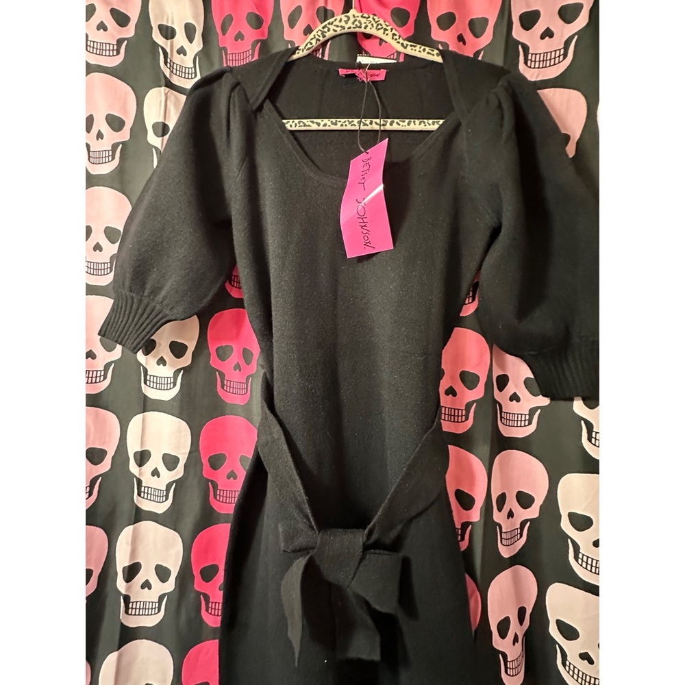 BETSEY JOHNSON Women’s Black Knit Tie Pouf Sleeve Knee Length Sweater Dress